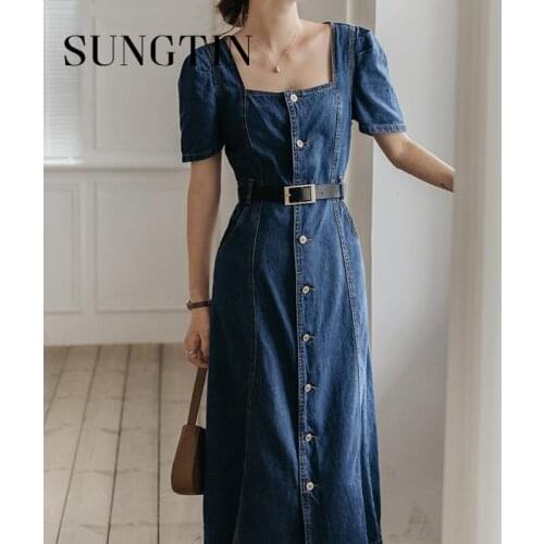Sungtin Denim Korean Long Dress Women Casual Puff Sleeve Mid Calf Square Collar Dresses Summer Short Sleeve Vestidos Mujer 2021