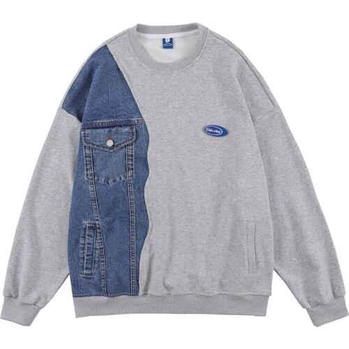 Denim patchwork Hoodies Sweatshirts Men Streetwear Loose Round Neck Long Sleeve Trend Pullover Men Tops Fashion Hoodie Men 2021