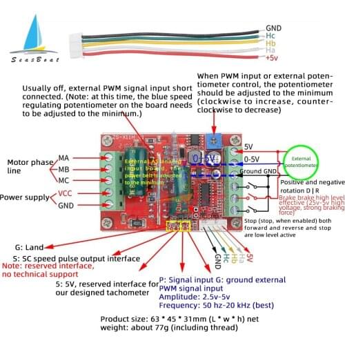400W DC 6-60V BLDC Three Phase DC Brushless Motor Controller PWM Hall Motor Control Driver Board 12V 24V 48V Forward Reverse