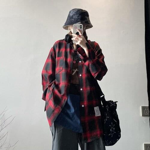 Lady Single Breasted Patch Long Sleeve Harajuku Shirts Black Red Plaid Women Street Casual Shirt Autumn Korean Fashion Clothes