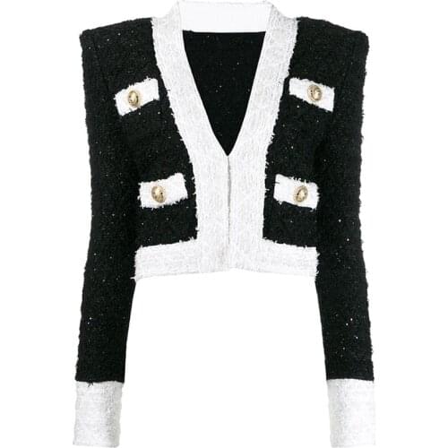 HIGH STREET 2020 Newest Designer Jacket Womens Lion Buttons Color Block Tweed Short Jacket