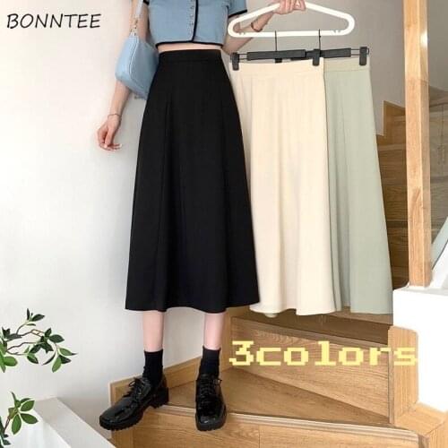 Women Skirts Summer Fashion Office Ladies Solid Elegant Empire Draped All Match Ulzzang Popular Cozy Mid-calf Friends Basic Chic