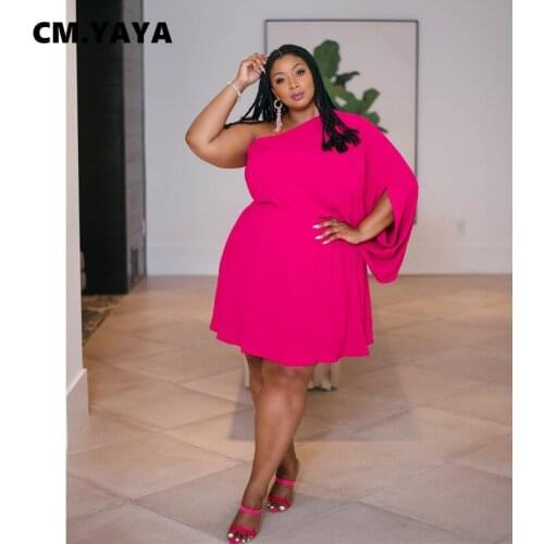 CM.YAYA Women Plus Size Dress Solid Half Batwing Sleeve One Shoulder Skew Collar Skinny Loose A-line Dresses Sexy Outfit Summer