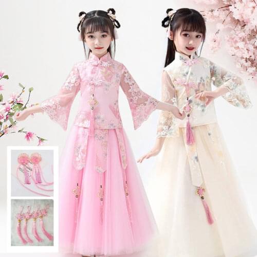 2PCS Modern Chinese Cheongsam New Year Dress for Kids Traditional Chinese Garments for Child Chinese Han Dynasty Dress