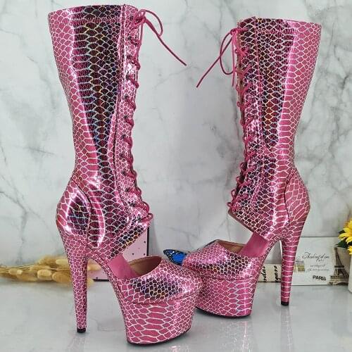 Leecabe Shinny Pink PU Upper 17CM/7inches Pole dancing shoes High Heel platform Pole Dance boot