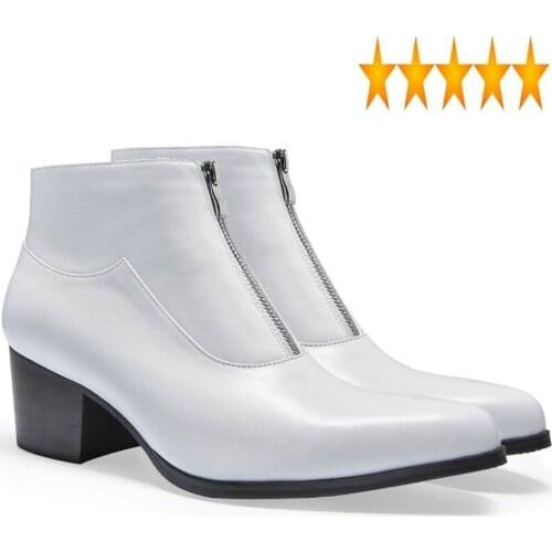 Genuine Autumn Winter Fashion Mens Leather Black White High Heel Pointed Toe Business Dress Shoes Men Office Ankle Boots