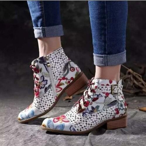 Ink Painting Flower Pattern Boots Women Cow Leather Splicing Lace-Up Stitching Shoes Botas Feminina Dames Laarzen Ankle Boot