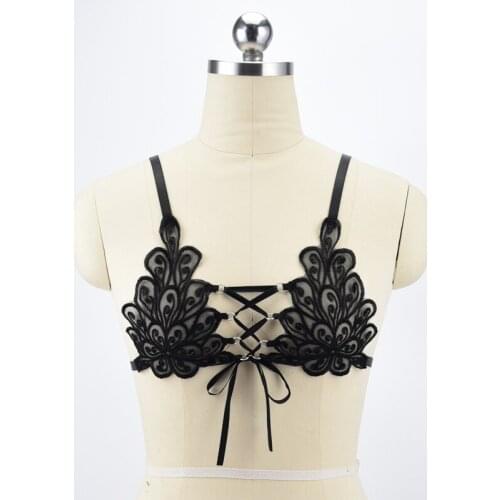Black Lace Harness Bra Adjustable Elastic Crop Top Cage Bra Harajuku Cage Bikini Sexy Lace Bra 90s Fetish Night Club Wear O0488