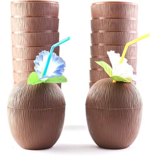 HOT-18 Pack Coconut Cups for Hawaiian Luau Kids Party with Hibiscus Flower Straws - Tiki and Beach Theme Party Fun Drink or Deco