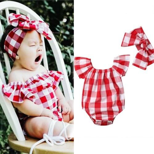Newborn Toddler Baby Girls Red Plaid Bodysuit Jumpsuit Off Shoulder Short Sleeve Casual 2021 Summer Baby Girls Clothing