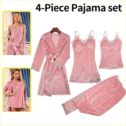 4-Piece Robe Set Womens Pajamas Sleep Tops Bathrobes Home Clothes Set Pajamas Dress Underwear Warm Winter Sets Suit