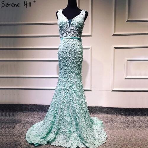Mint Sleeveless Mermaid Sexy New Evening Dresses 2020 V-Neck Flowers Crystal Fashion Formal Evening Gowns Serene Hill LA6609