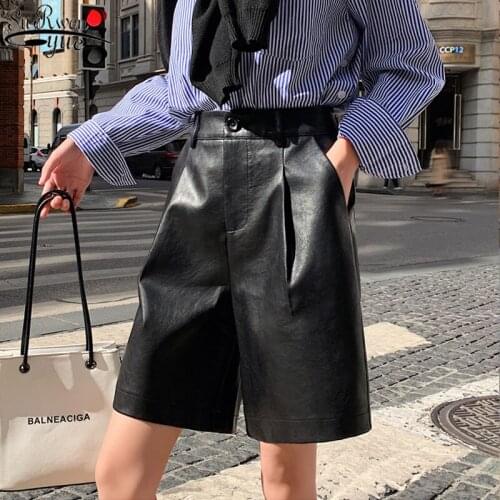 New Baggy Women Shorts High Waist Wide Leg Pants Shorts for Women Pu Leather Pants Womens Clothing Summer 2021 10995