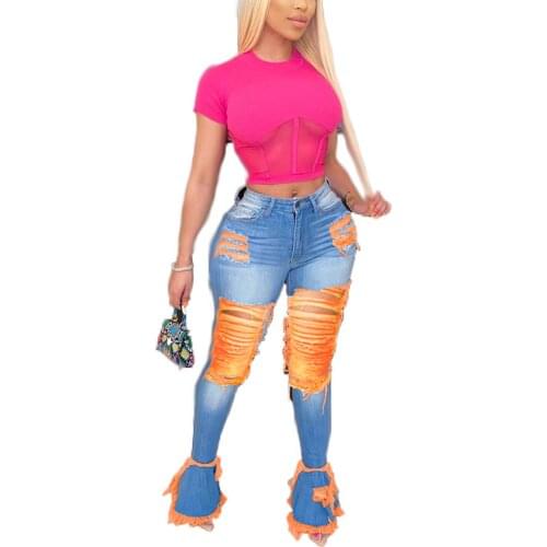 New Fashion Women Ladies Korean Slim Hole Jeans Contrast Tassel Ripped High-waist Ruffles Denim Pencil Pants Blue