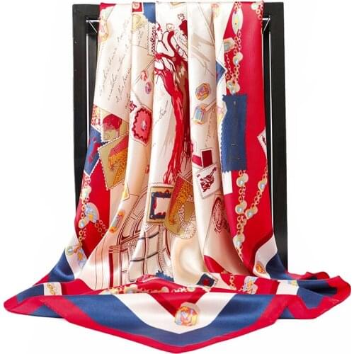 New Cartoon Silk Scarf Women Fashion Flower Print Square Head Scarves Lady Luxury Brand Shawls Foulard Satin Hijab 90*90cm