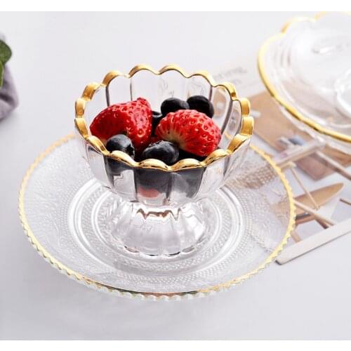 Romantic breeze golden edge glass household relief lace ice cream cup goblet dessert dish creativity plates dinner
