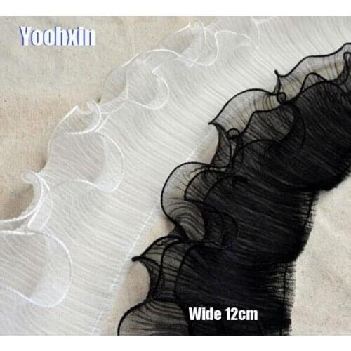 12CM Wide White Black Elastic Ruffle Trim Chiffon Lace Fabric Folded Sewing Ribbon DIY Lace Collar Applique Guipure Women Dress