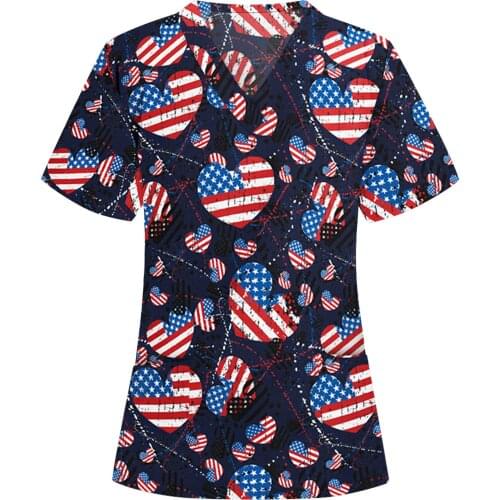 V Neck Short Sleeve Dental Clinic Uniforms Women Scrub Top American Flag Print Healthcare Workingwear Summer Overalls A50