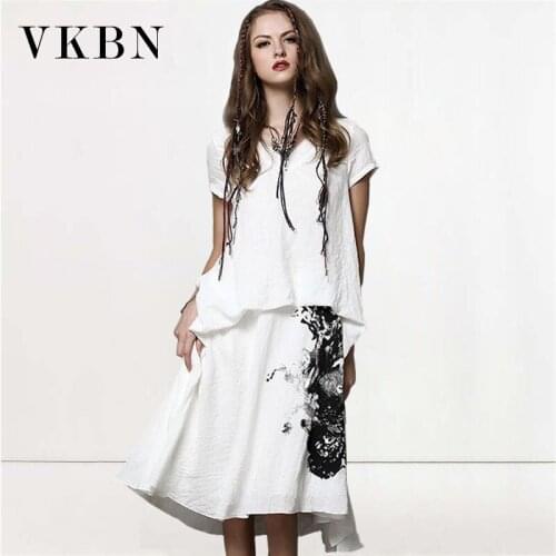 VKBN 2021 Summer Dress Printing Cotton Linen V-Neck Short Sleeve Loose Pullover White Party Evening Maxi Dresses for Women