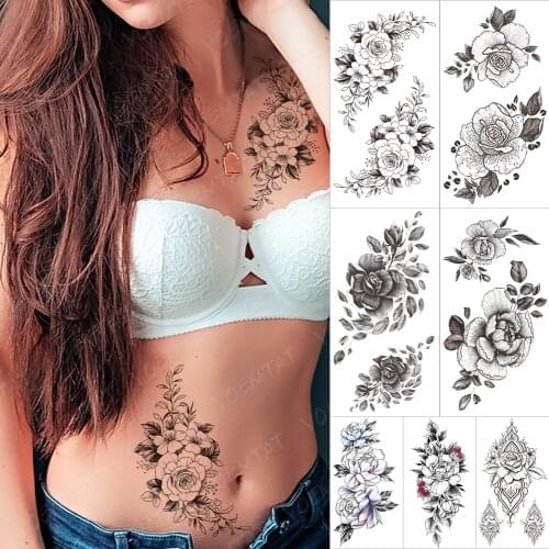 Waterproof Temporary Tatooo Stickers Fruit Winter Jasmine Flower Bird Wing Tattoo Back Sexy Body Art Fake Tatoo Man Women Black