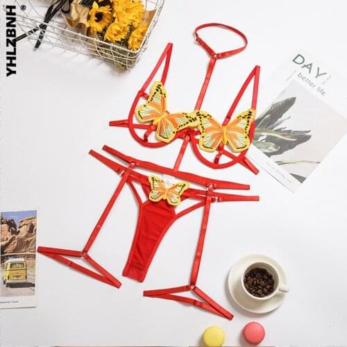 YHLZBNH Sexy Womens Butterfly Lingerie Hollow Out Bra + Panty Set Bandage Underwear Female 3 Piece Set Transparent Bra Set