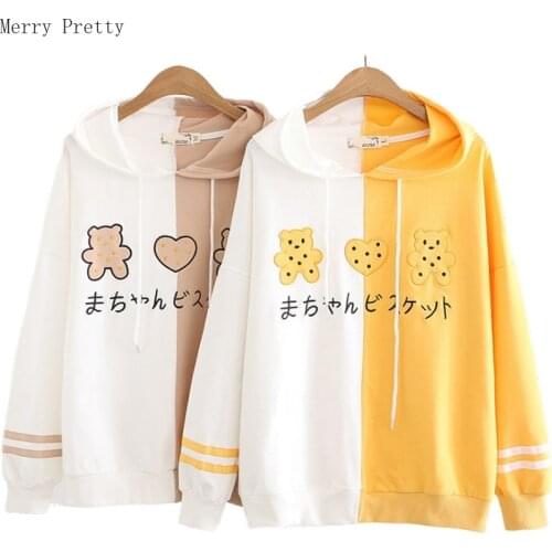 Womens Cotton Hooded Sweatshirt Cartoon Embroidery Patchwork Hoodies 2020 Spring Long Sleeve Casual Loose Femme Pullovers