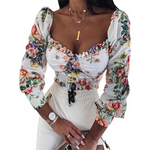 2021 Newest Womens Sexy Crop Top, Elegant Long Puff Sleeve Square Neck Ruffle Trim Floral Print T-Shirt