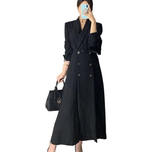 New Office Lady Blazer Dress WomenTurn Down Collar Trench Double Breasted Big Swing Solid Spring Maxi Dresses with Belt 2021 New