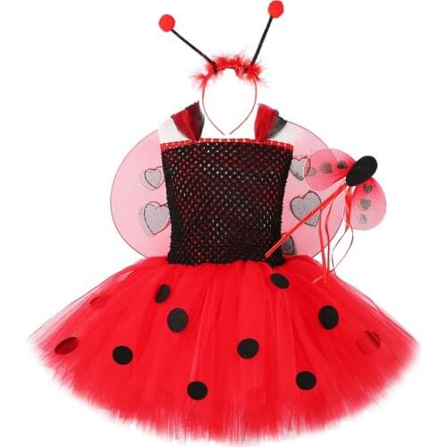 Lady Beetle Tutu Dress for Girls Halloween Cosplay Costumes for Kids Fancy Dresses with Wings Outfits Girl Clothes for Birthday