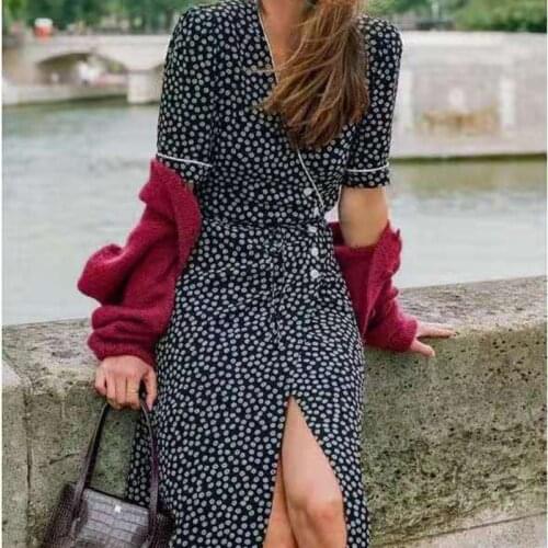 Vintage print ladies midi dress v-neck short sleeve lace-up women wrap dress 2021 new