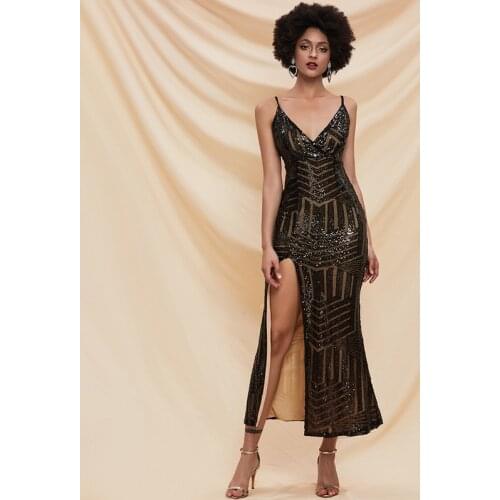 Fashion Sleeveless Celebrity Evening Party Dress Sexy Deep V-neck Open Back with Hing Split Charming Spaghetti Strap Women Dress