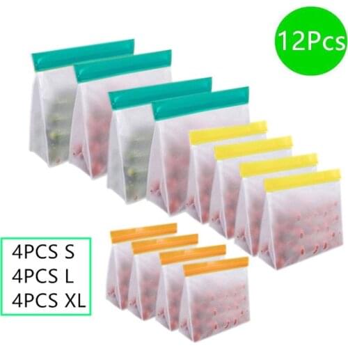 12 Pieces/Set Of Standing Food Storage Bag PEVA Upgrade Lunch Fruit Bag Reusable Refrigerator Sandwich Self-Sealing Silicone Bag