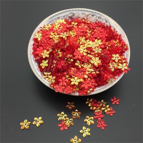 3000pcs/lot 9mm Flower Sequins With 1 Center Hole Plum Blossom Gold Plating Transparent Red Confetti Spangles