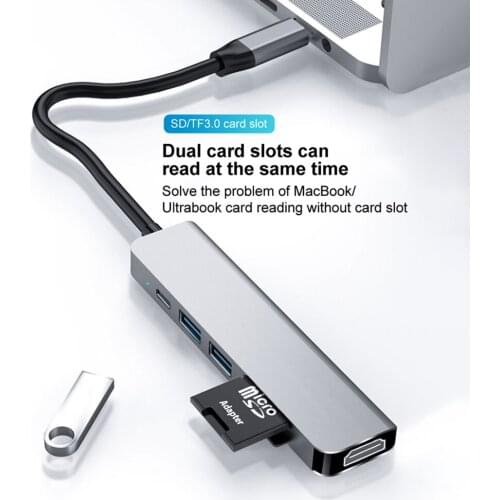 6-in-1 Type-C Hub 4K USB-C to HDMI-compatible Adapter USB3.0 Card Reader Support 87W PD Fast Charging for Macbook, Phones