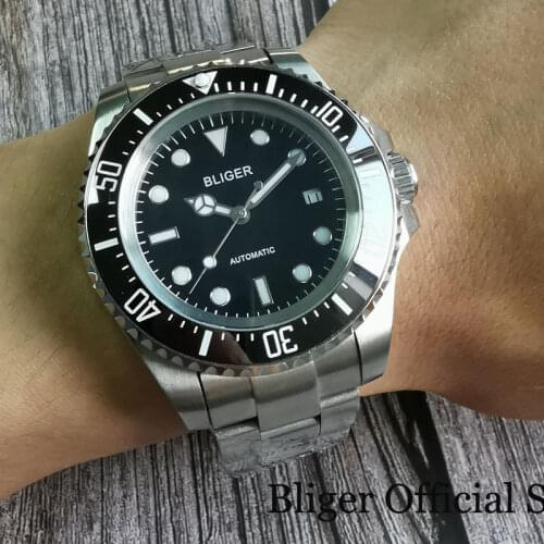 BLIGER Black Self Winding 44mm Men Watch 24 Jewels NH35A MIYOTA 8215 Movement Steel Brushed Band Screw Crown Cermic Insert