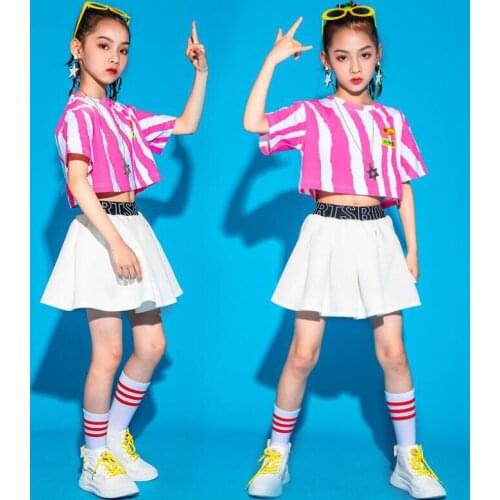 Kids Hip Hop Clothing Wear Outfit Pink Tshirt Tops Streetwear Skirt For Girls Jazz Show Dance Costumes Cheerleader Clothes