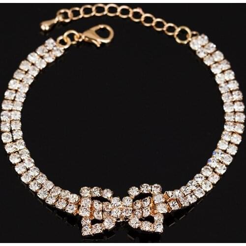 Elegant CZ Crystal Chain Bowknot Charms Bracelets & Bangles for Women Gold Color Wedding Party Jewelry