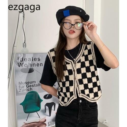 Ezgaga Vintage Plaid Knitted Vest Women Autumn 2021 New Cropped Sweater Outwear All-Match Fashion Sleeveless Cardigan Korean
