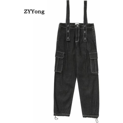 Men Denim Jumpsuit Bib Overalls Cargo Pants Ankle Length Casual Wash Loose Fashion Hip Hop Black Jeans Streetwear Trousers