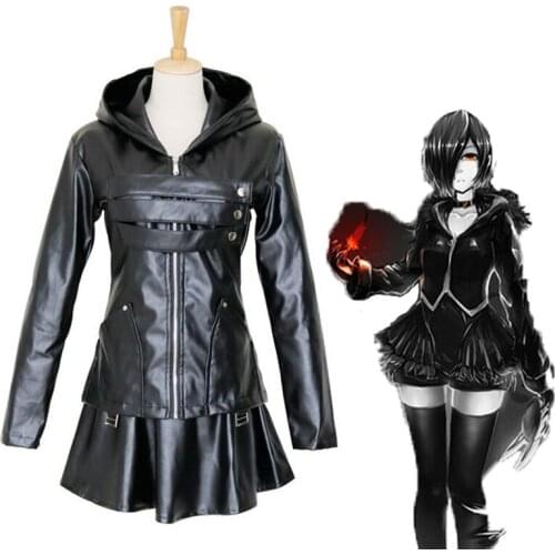 Anime tokyo ghoul touka kirishima cosplay costume full set pu leather uniform black hooded female fight dress halloween costume