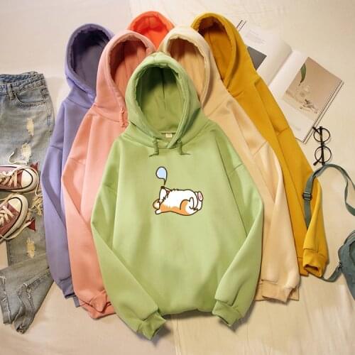 Kpop Fashion Kawaii Cartoon Corgi Sleeping Graphic Sweatshirts Women Oversized Hoodie Harajuku Streetwear Pullovers Long Sleeve