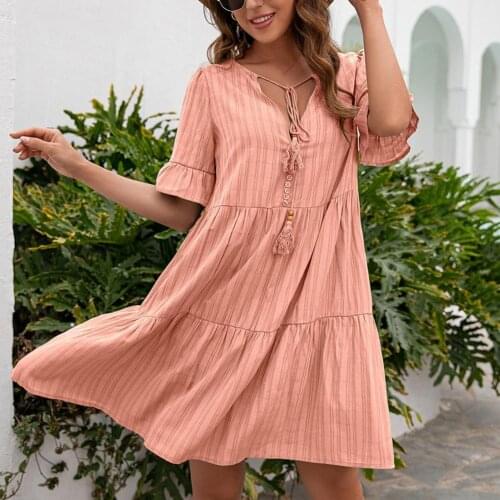 Fashion Mini Dress Short Sleeve 2021 Casual V-Neck Vertical Stripe Split Loose Bohemia Beach Holiday Women Summer Dress