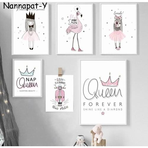 Cartoon Pink Girl Princess Queen Crown Flamingo Nordic Posters And Prints Wall Art Canvas Painting Wall Pictures Kids Room Decor