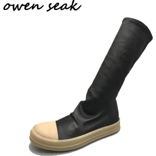 Owen Seak Men Shoes Knee High Boots Sheepskin Leather Luxury Trainers Winter Boots Casual Flats Man Shoes Black Big Size Sneaker