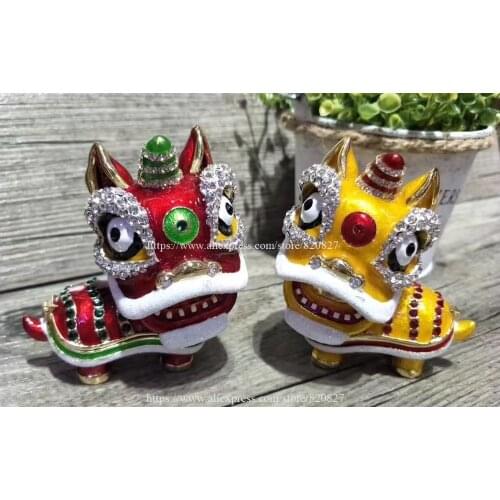 Pewter Lion Shape Trinket Box Animal Jewelry Box Modern Home Decorative Couple Lion Dragons Bejeweled Statue Trinket Box 2 pcs