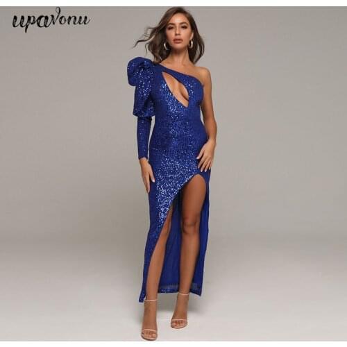 2020 Autumn Womens One-shoulder Blue Sequined Dress Sexy Puff Sleeve Split Hollow Bodycon Dress Club Evening Party Long Dresses