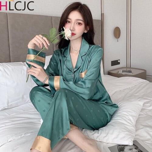 2021 Silk Satin Pajamas Women Heart Print Pajamas for Women Summer Nightwear Pijama Mujer Two Piece Set Pyjamas Femme Loungewear