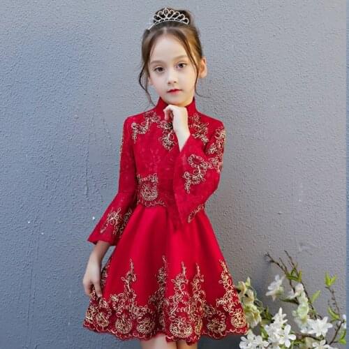 Flower Girls qipao dress GIrls Dance Party Tutu Dress Lace embroidered Girls Wedding banquet Bridesmaid Dress Cultural collar