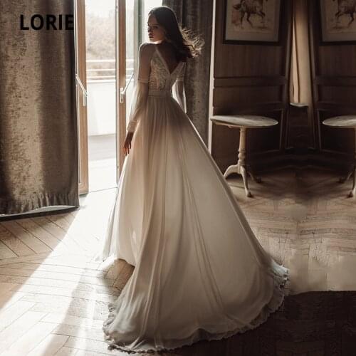 LORIE Vintage wedding dress Bohemian V-Neck Appliques Long Sleeves Side Split Chiffon A-Line Wedding Gown Bride Vestido Novia