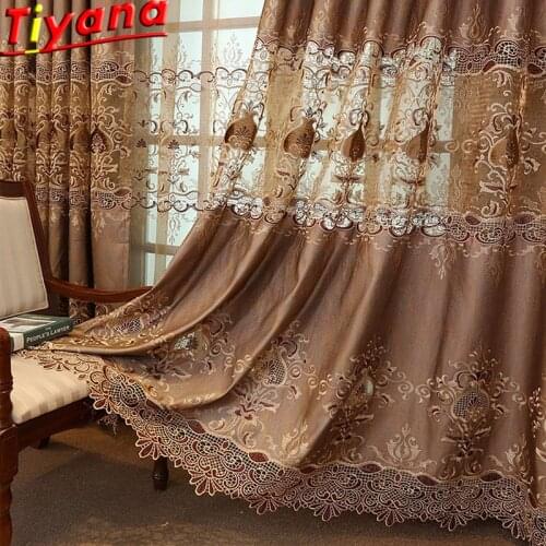Luxury Villa Embroidery Curtains Tulle Living Room European Brown Curtains Tulle Geometric Sheer Voile Window Drapes X-M041#WS
